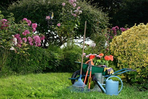 A well-maintained garden scene featuring a vibrant, lush green lawn bordered by flowering shrubs and bushes, including pink and purple roses and yellow-green foliage. In the background, there are tall trees and dense greenery providing natural privacy and shade. The foreground displays gardening tools such as a garden rake, a watering can, and a wheelbarrow filled with additional tools and supplies, indicating recent or ongoing lawn and garden maintenance. The garden surfaces include a neatly trimmed grass area, with some soil and flower beds visible along the borders. Paved pathways or patios are partially visible, enhancing the garden's layout. The environment appears to be in natural daylight, possibly during a clear or partly cloudy day, contributing to the vibrant colours of the flowering plants and the lushness of the grass, reflecting professional garden care typical of services offered by companies like Lawn Mowing Blackwall, serving the local Blackwall area near postcode E14.